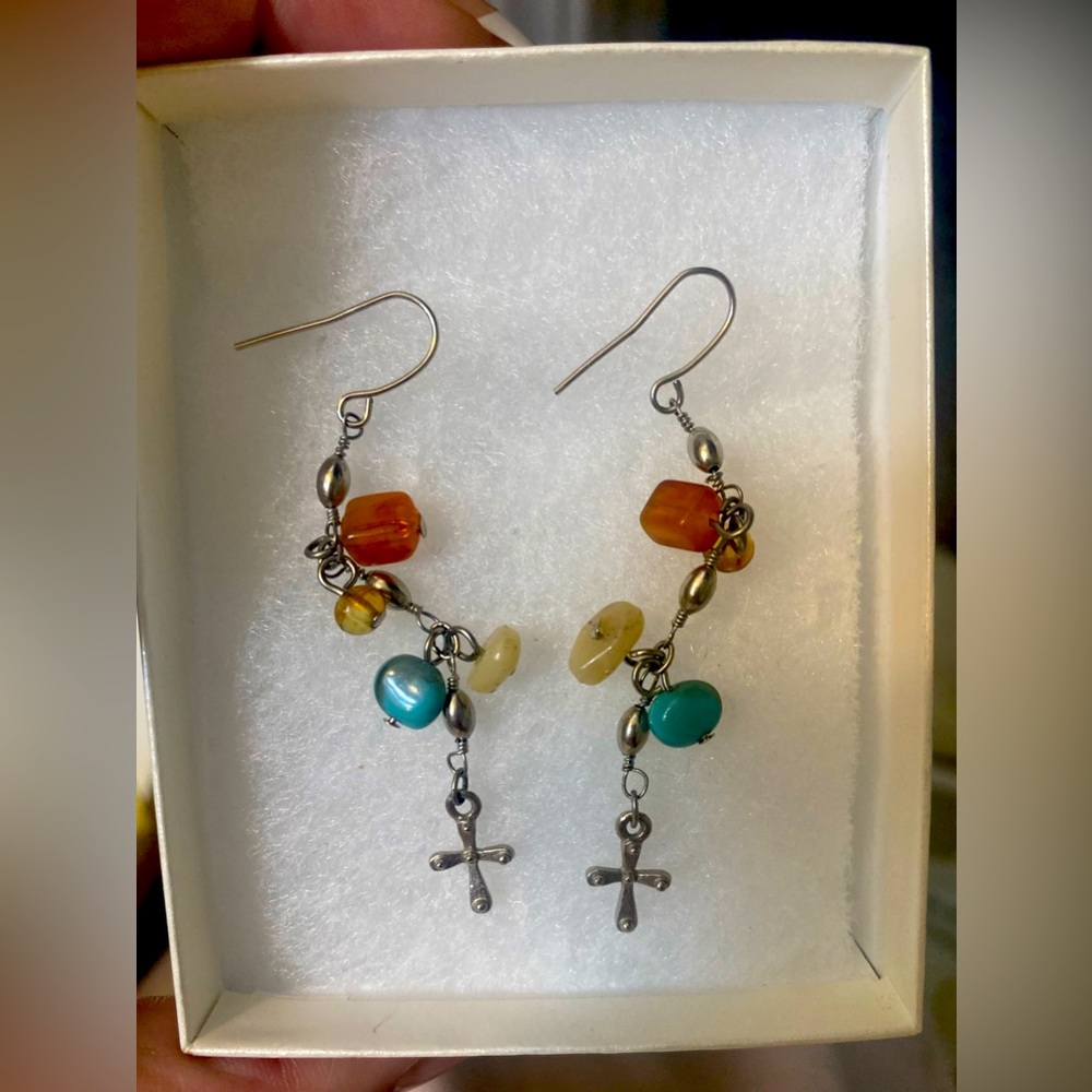 *Final Price*Earrings - small cross silver turquoise&amber colored bead